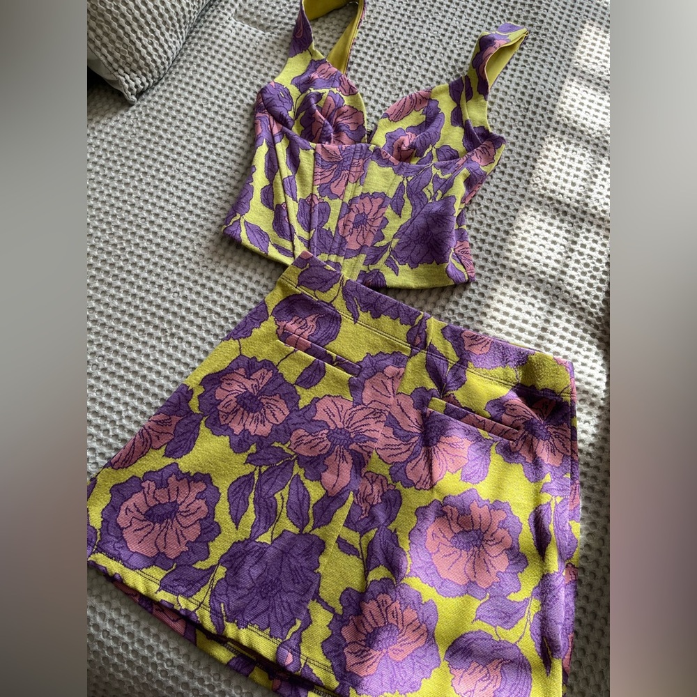 Zara Lime Green Floral Two-Piece Set with Purple and Pink Flowers